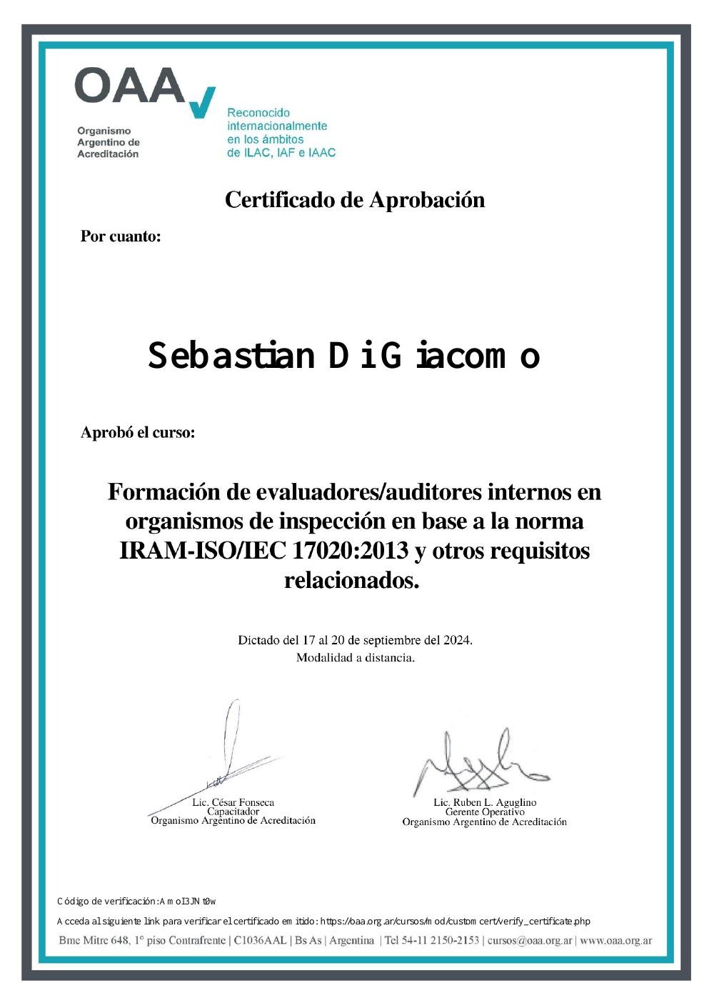 Certificado: Formación de evaluadores/auditores internos en organismos de inspección