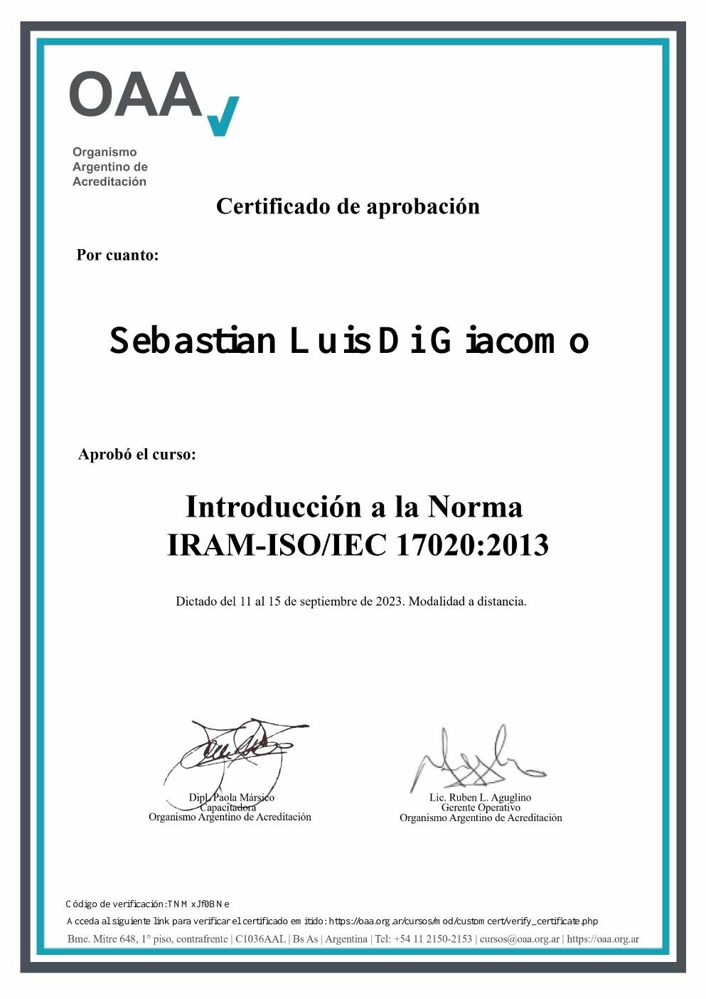 Certificado: Introducción a la Norma IRAM-ISO/IEC 17020:2013