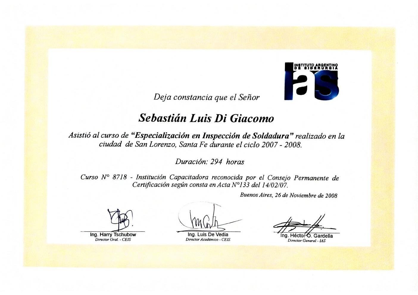 Certificado: Especialización en inspección de soldadura