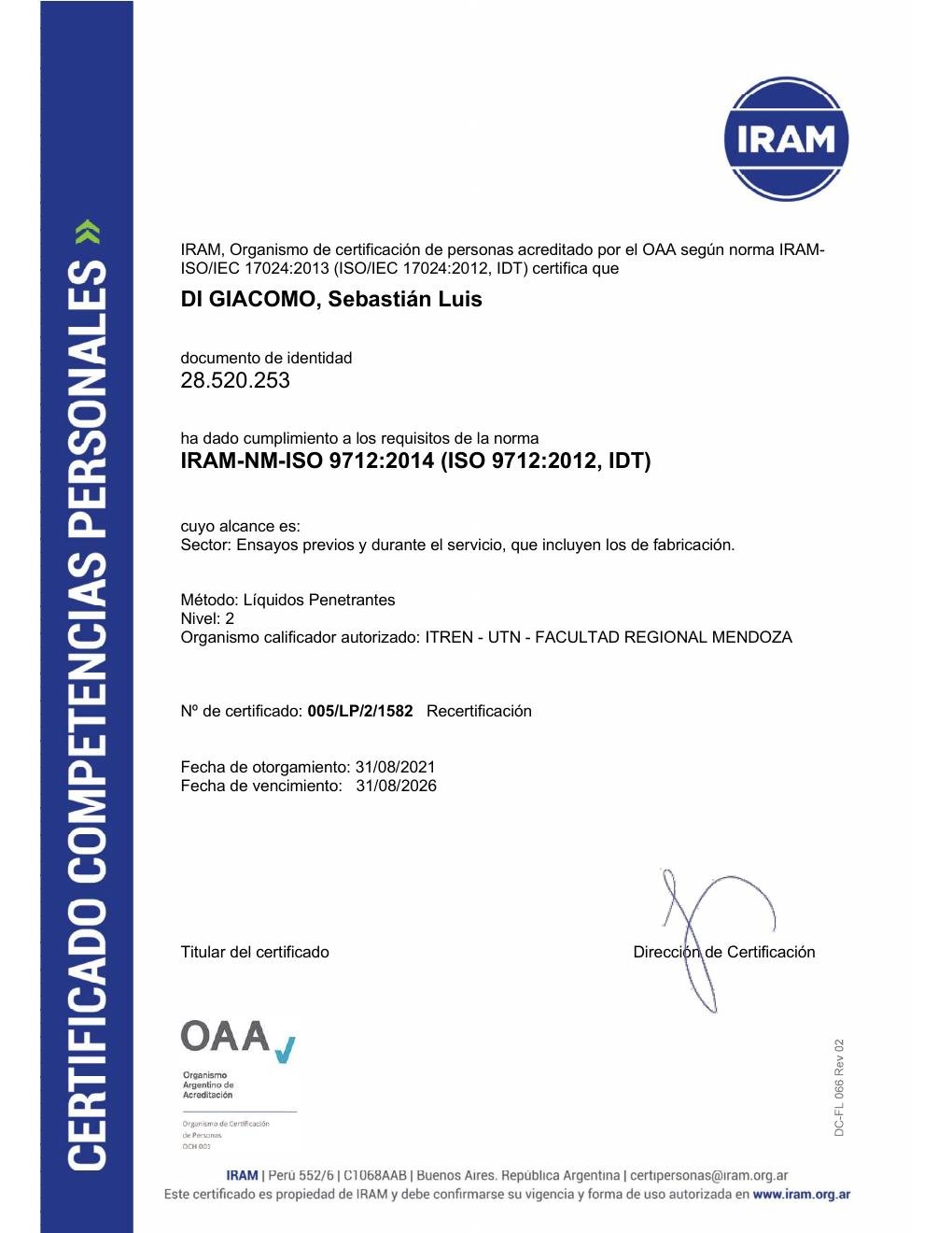 Certificado: IRAM-NM-ISO 9712:2014